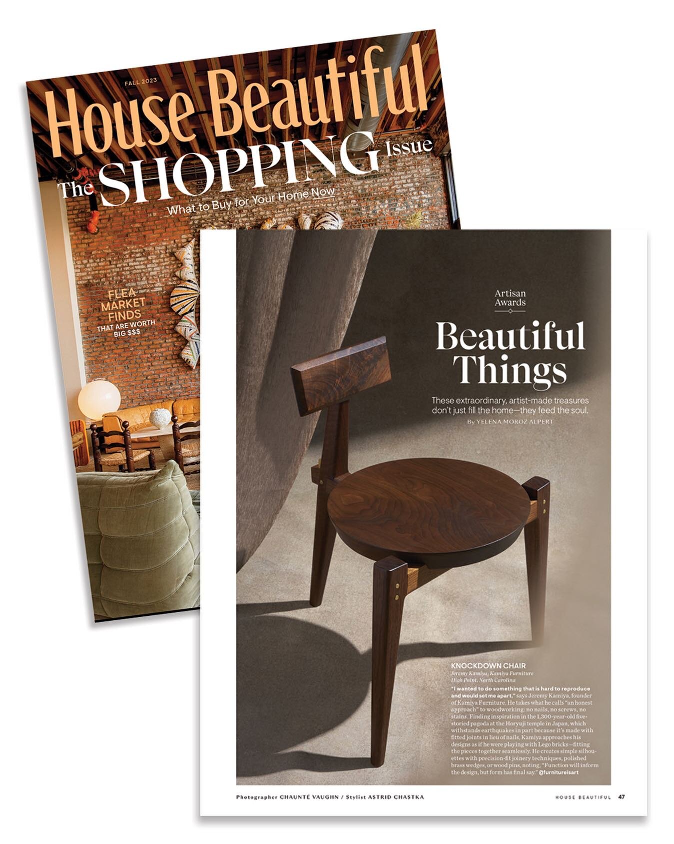 Thank you, @housebeautiful! 

In stands on Sept, 19th!  AND&hellip; save $500 on this chair through 10/31/23!  AND&hellip; free shipping to NC!

#woodworking #woodworker #maker #designer #interiordesign #workshop #knockdown #sashimono #brass #walnut 