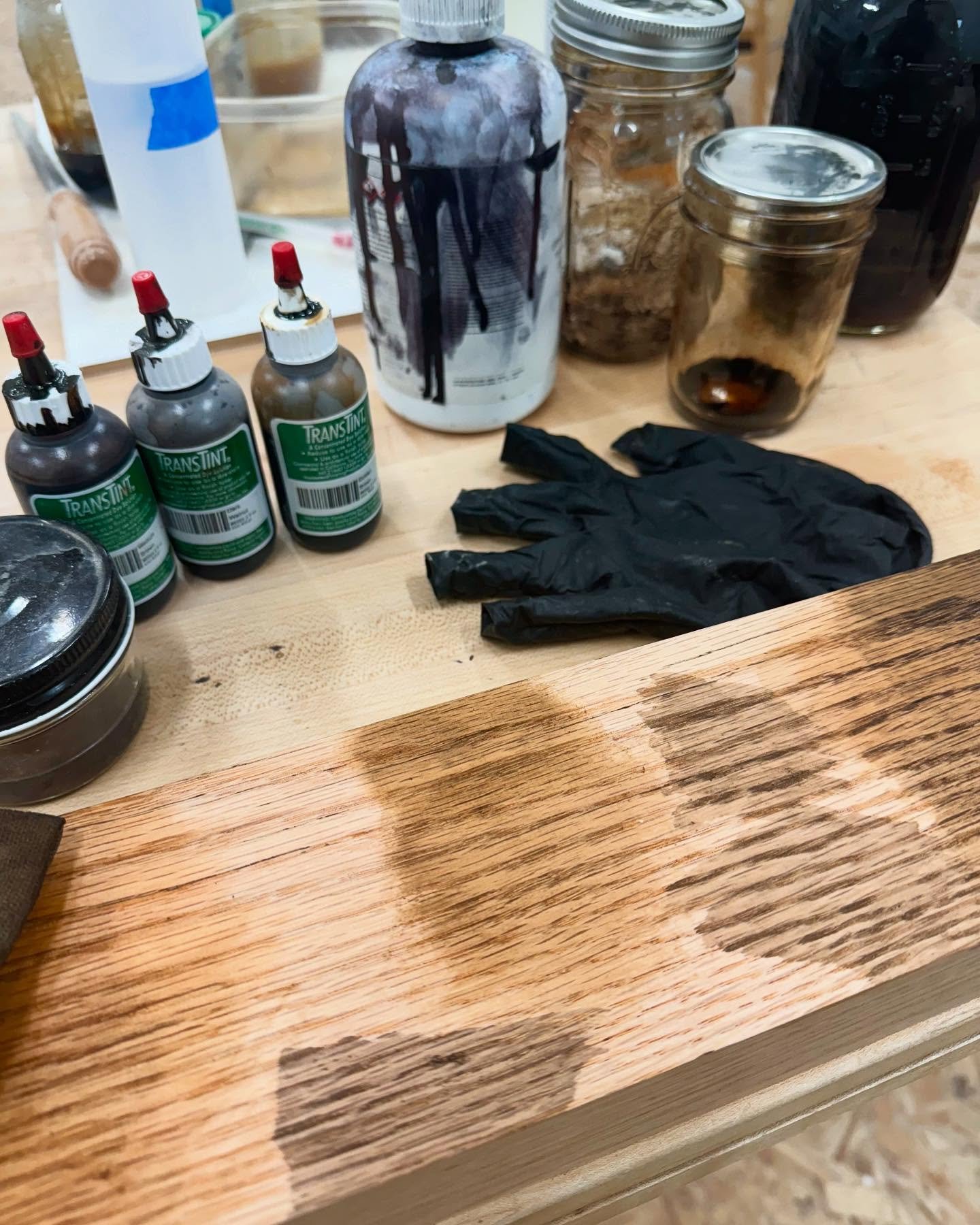 Potions class is in session! I was tasked with restoring and matching an old finish/patina on the top of this antique octagonal side table back from its damaged state. Through the use of various dye concoctions, I was able to build a solid blend and 