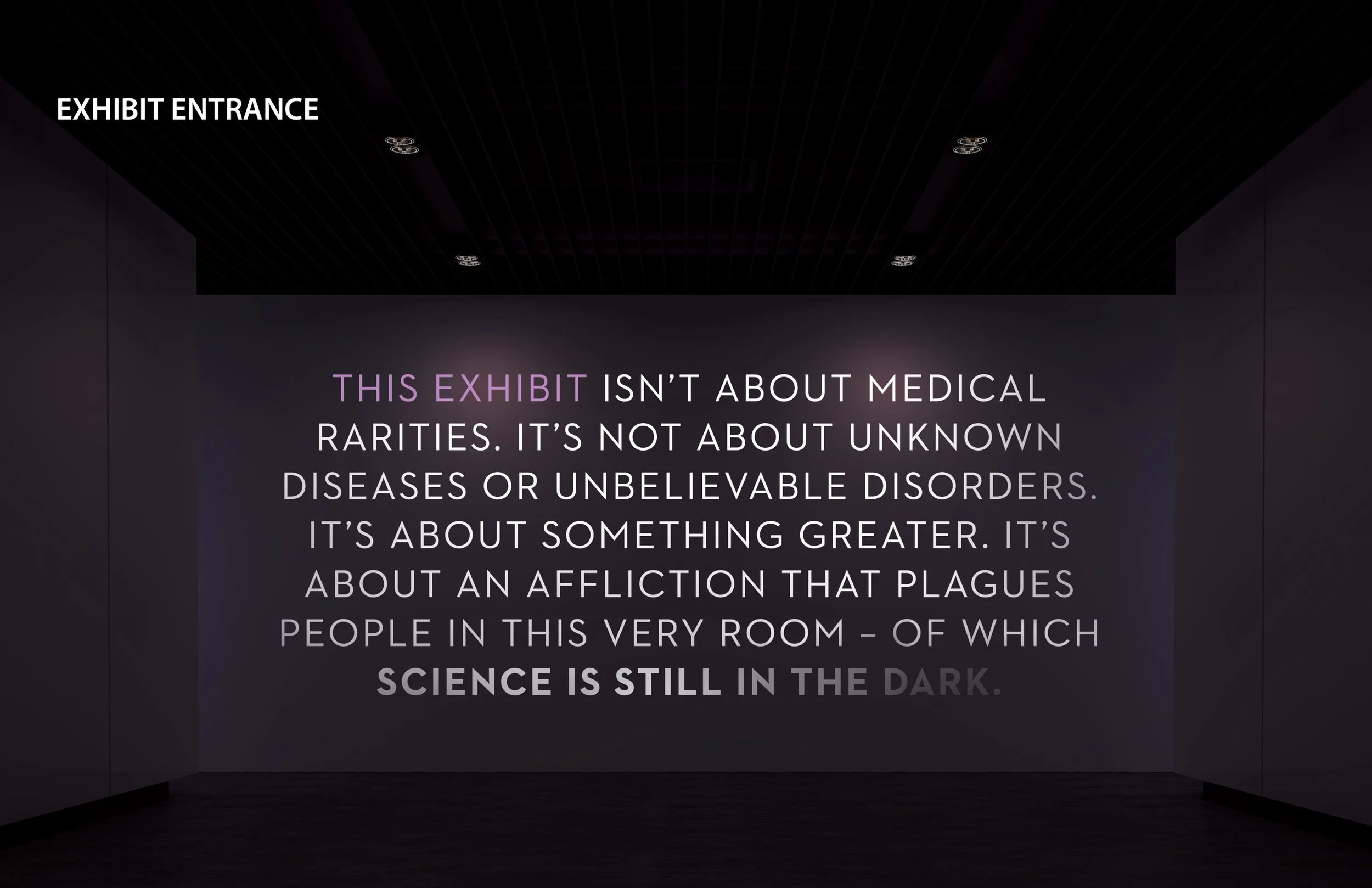 Guests enter a dark room where this message is projected onto a wall. They are then directed to walk down a long, dark hallway.