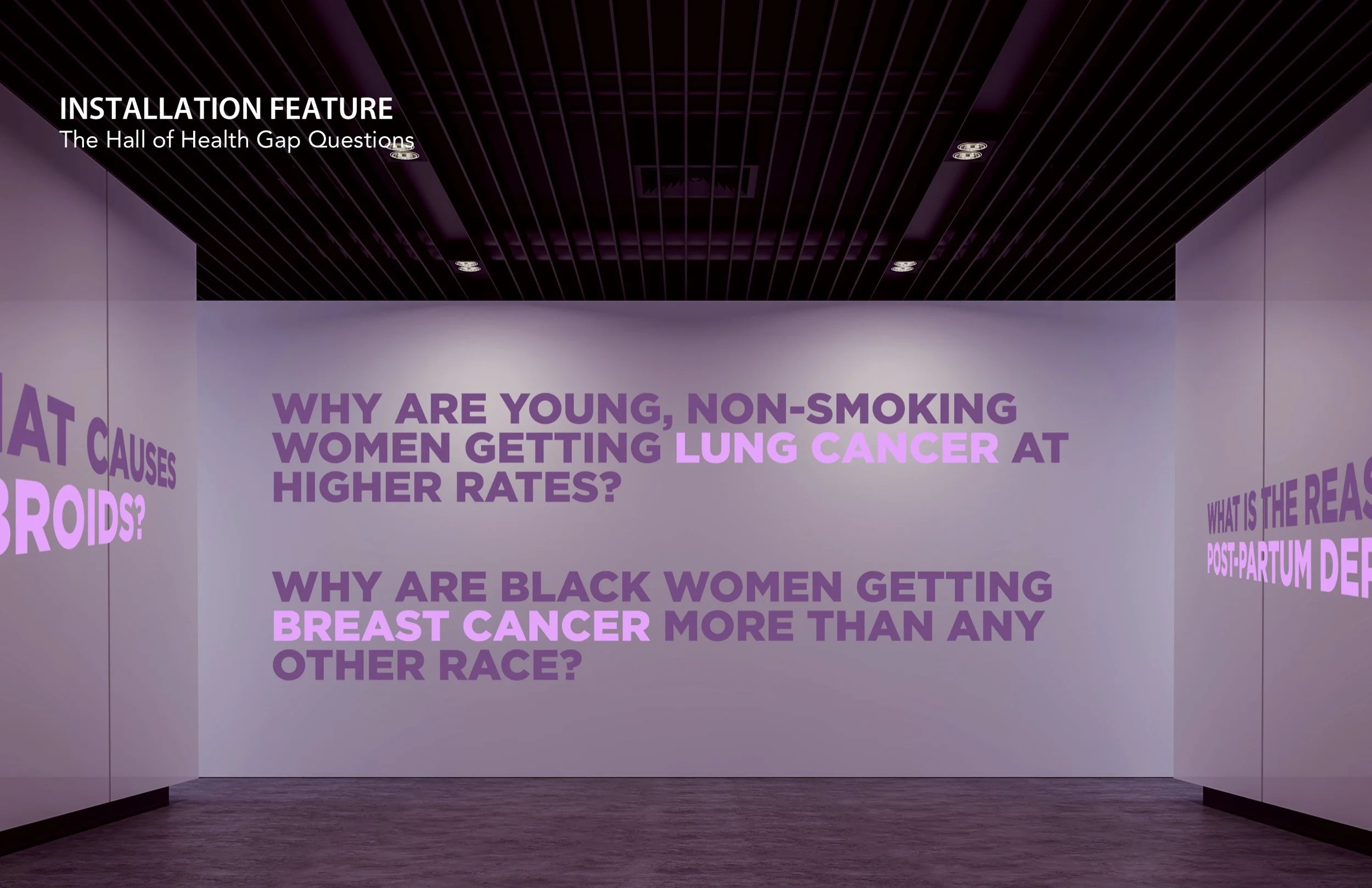 Installation 4: Because of this lack of research into women’s health, there are so many things that we don’t know – things that you’d think scientists would be working tirelessly to figure out, but aren’t. These questions will be plastered all over …