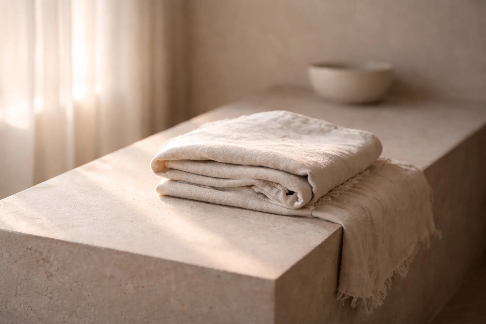 Folded linen resting in soft natural light, representing the quiet pause after changing a self-care routine