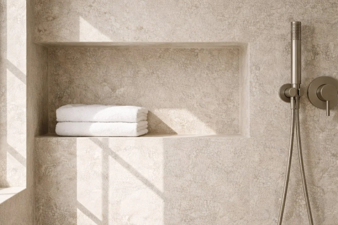 Minimal stone shower interior with soft sunlight and clean architectural lines
