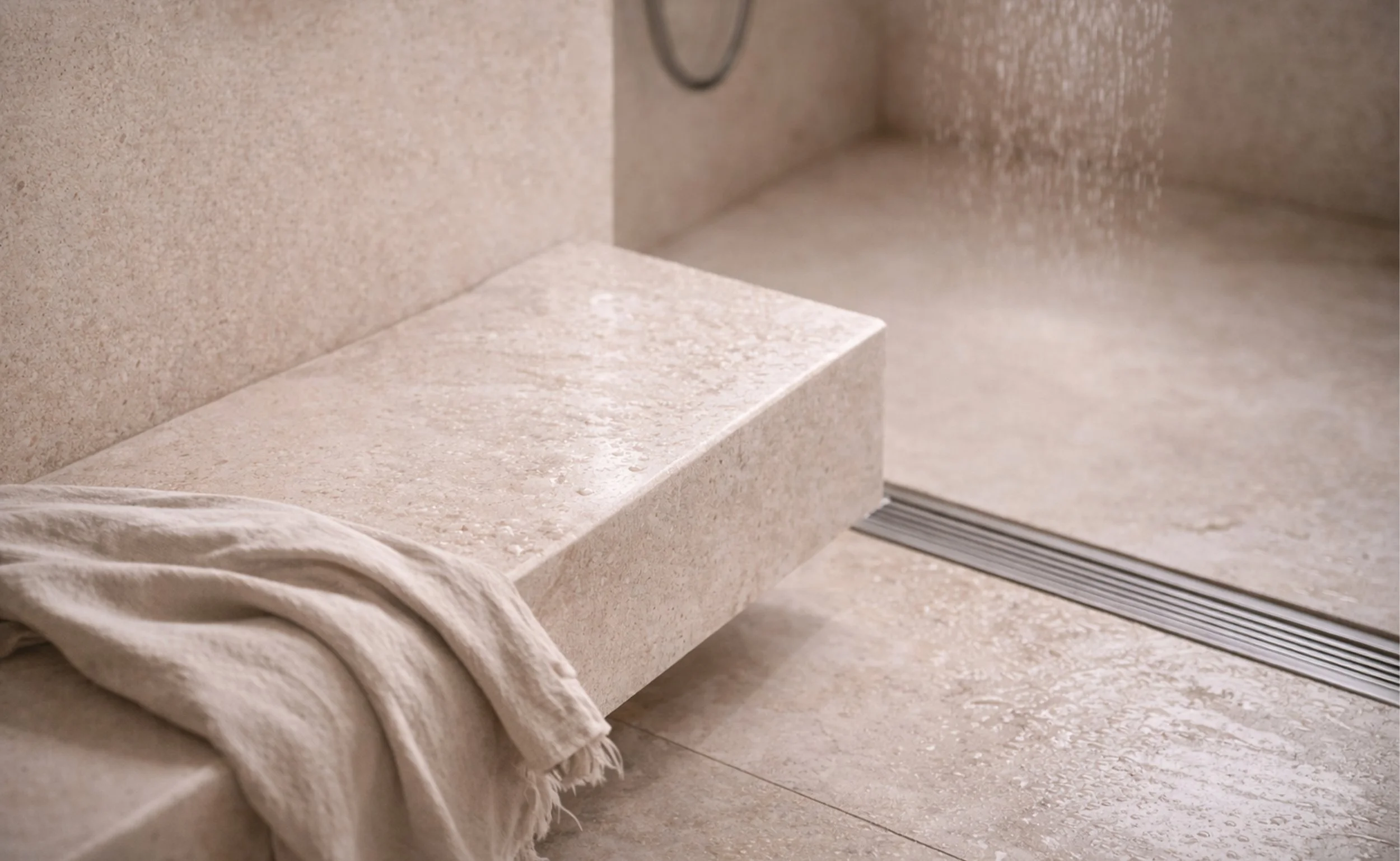 Minimalist bathroom basin and stone bench in soft natural light, representing restraint, continuity, and holding a ritual steady without intervention