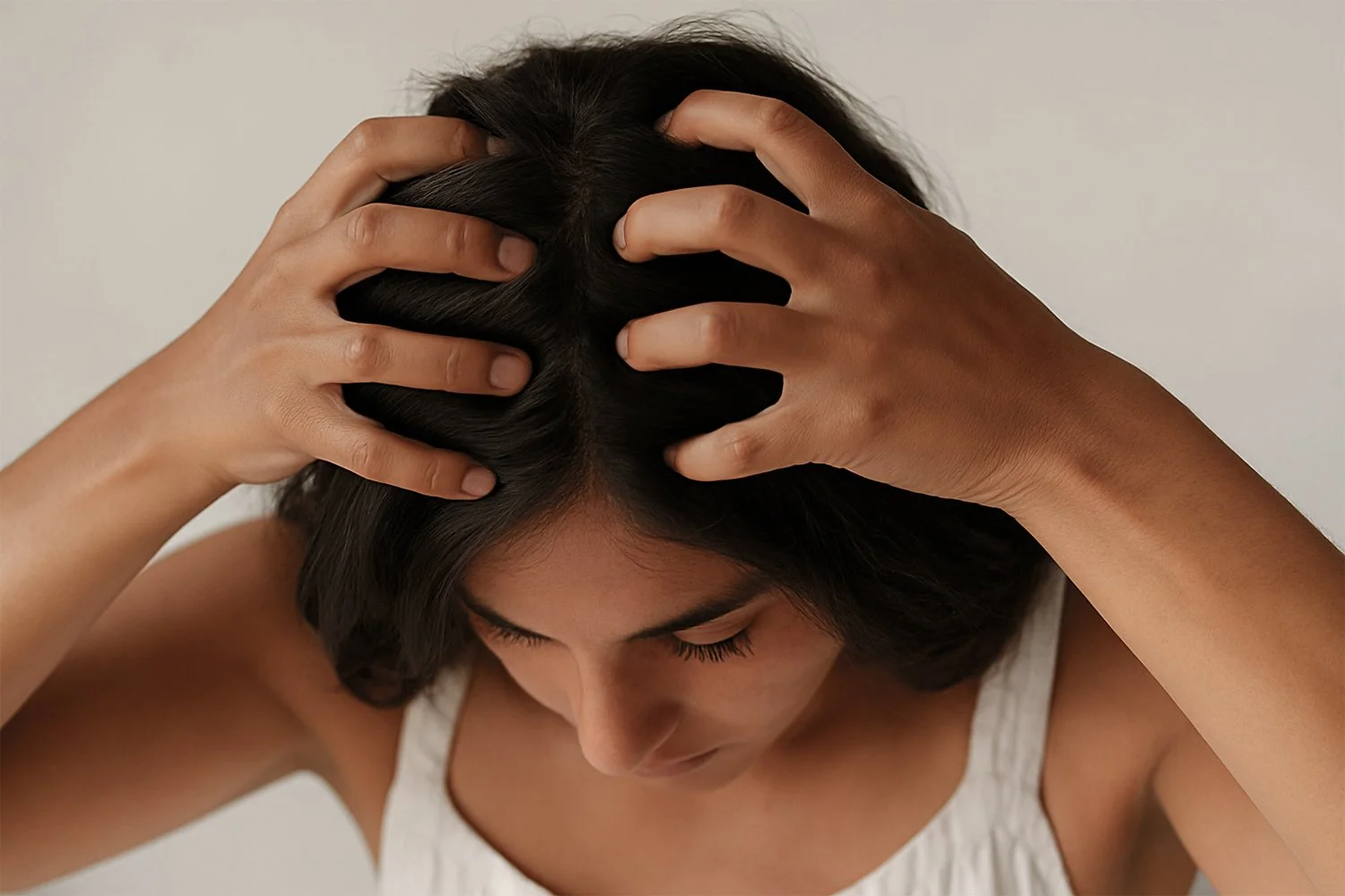 Close-up of hands gently massaging the scalp through dry hair, wearing a white summer dress in soft natural light.