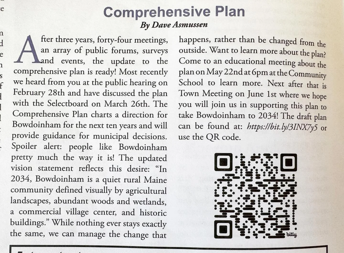 &ldquo;After three years, forty-four meetings, and an array of public forums, surveys, and events, the update to the comprehensive plan is ready!&rdquo; 

Head on down to the Bowdoinham Community School this morning, June 1 at 9 AM for Town Meeting, 