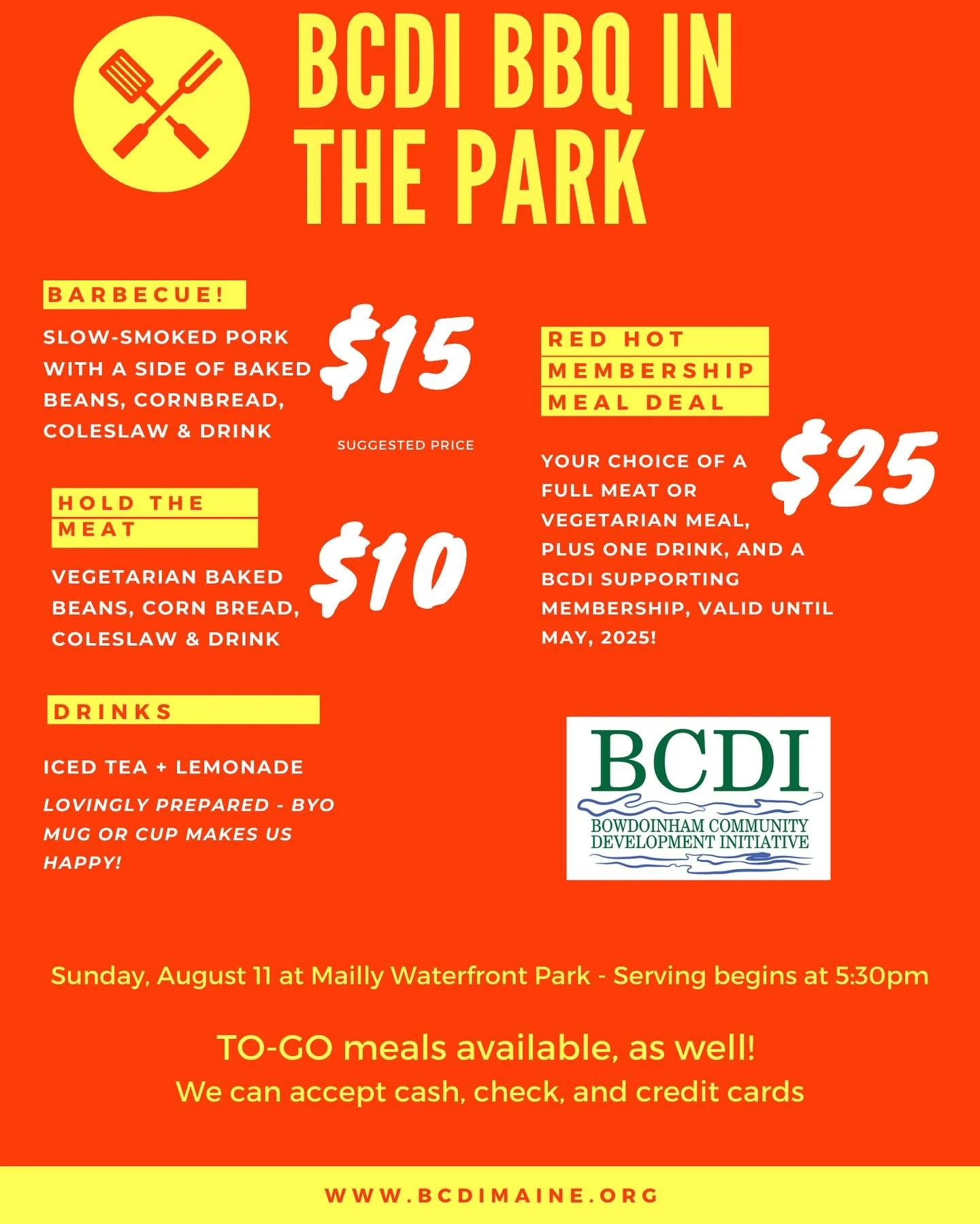 Good morning! BCDI is looking forward to serving up a delicious meal, made of glorious local ingredients, at the Bowdoinham Waterfront this evening!

Serving begins at 5:30, and you have the option to eat at the Waterfront while listening to the fant