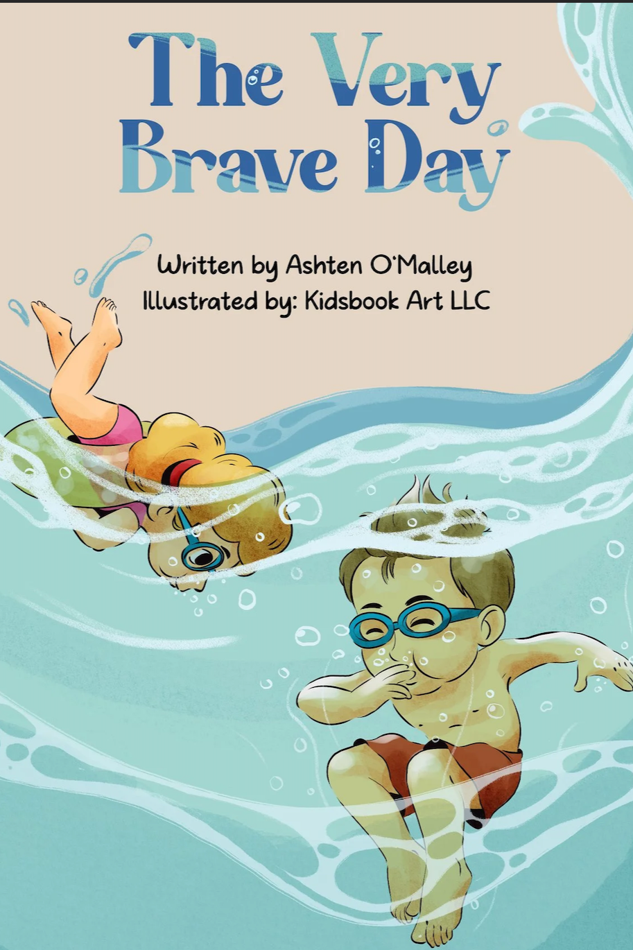 Front cover of a children's book titled 'The Very Brave Day' featuring an illustration of a girl with blonde hair and a boy with glasses swimming underwater.