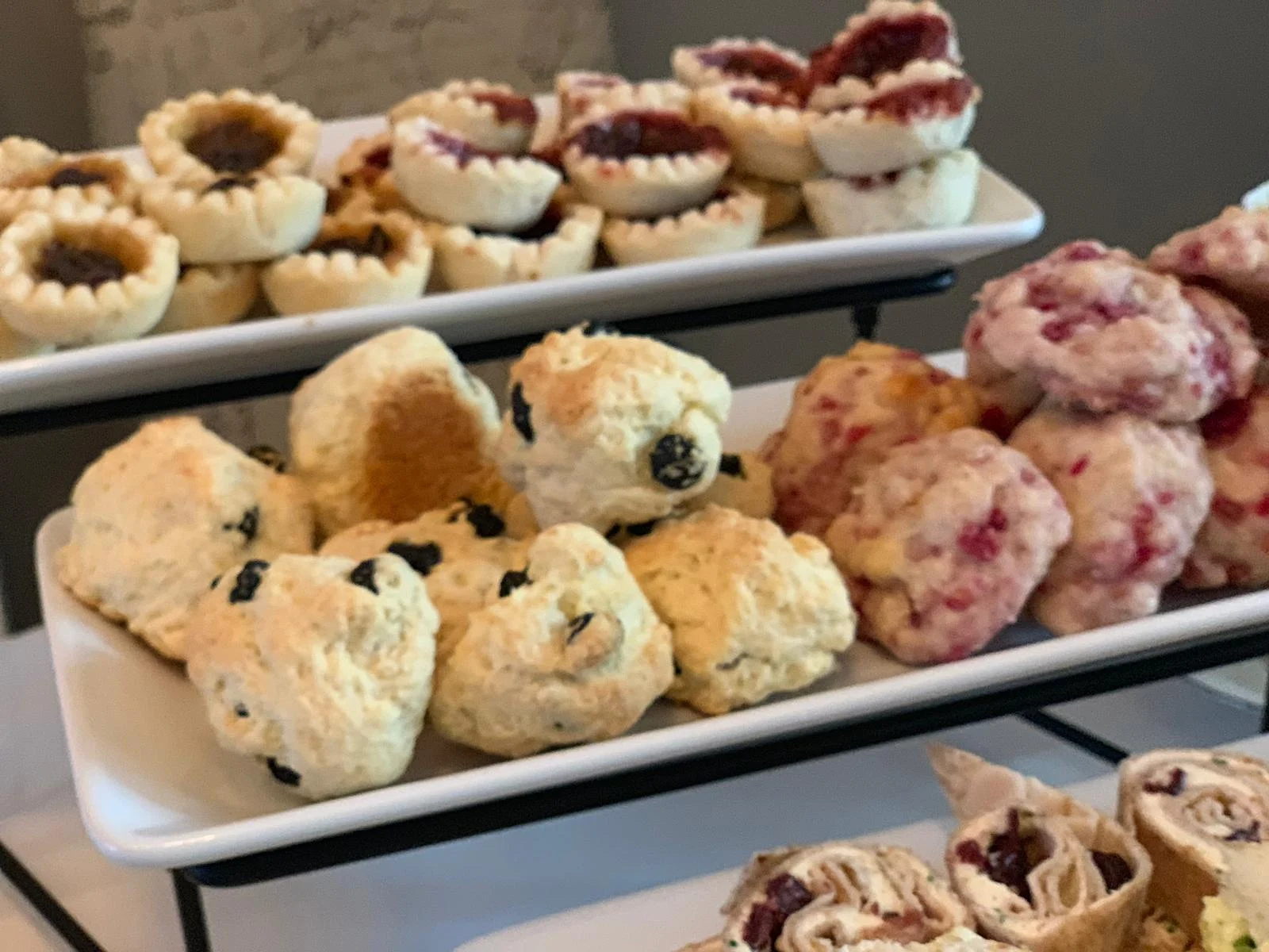 Strawberry/Chicolate Tarts, Butter Tarts, Blueberry Scones and Raspberry/White Chocolate Scones