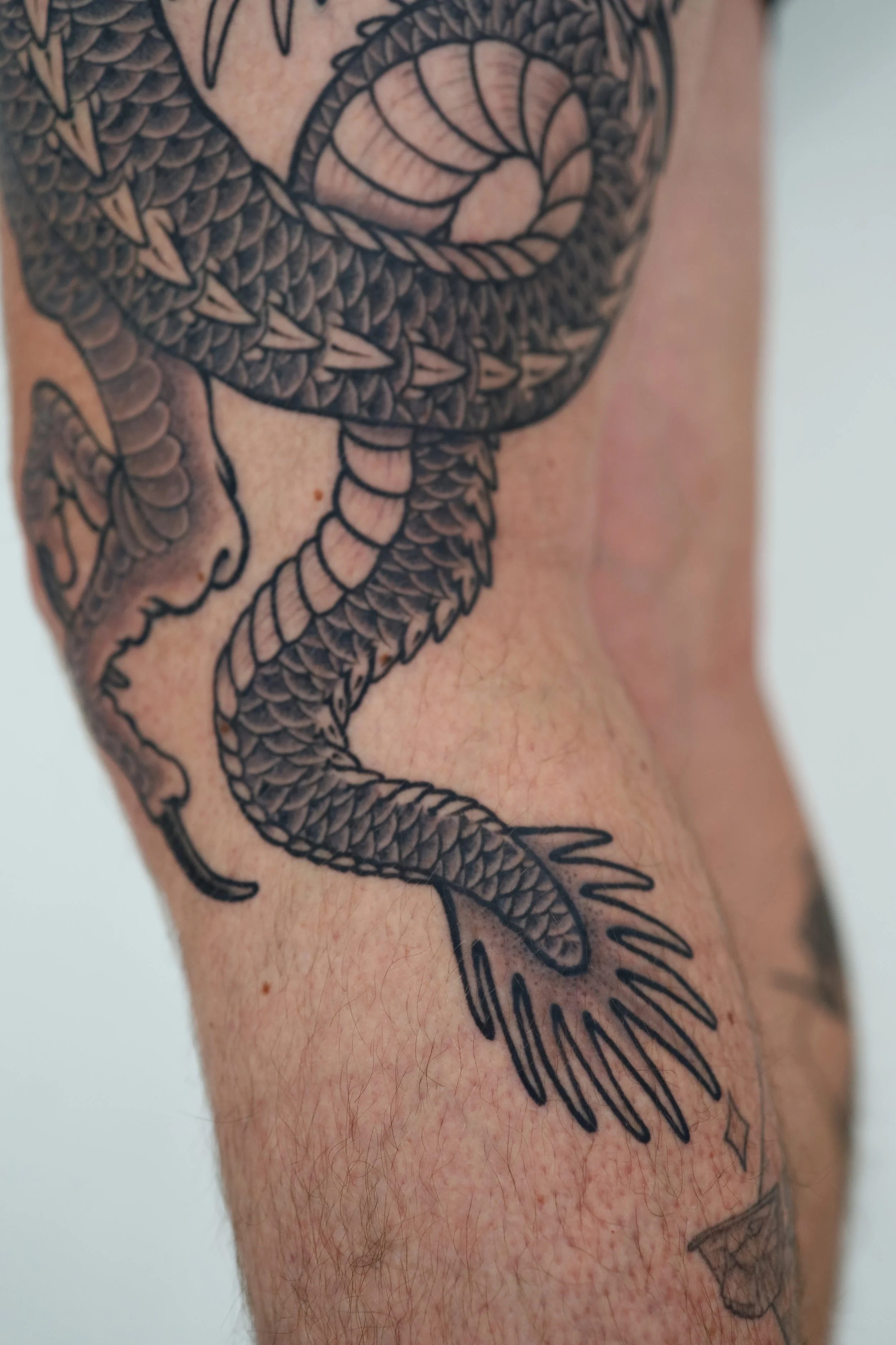Close-up of a tattoo on a person's arm featuring a detailed snake coiled around a woman's face with flowing hair.