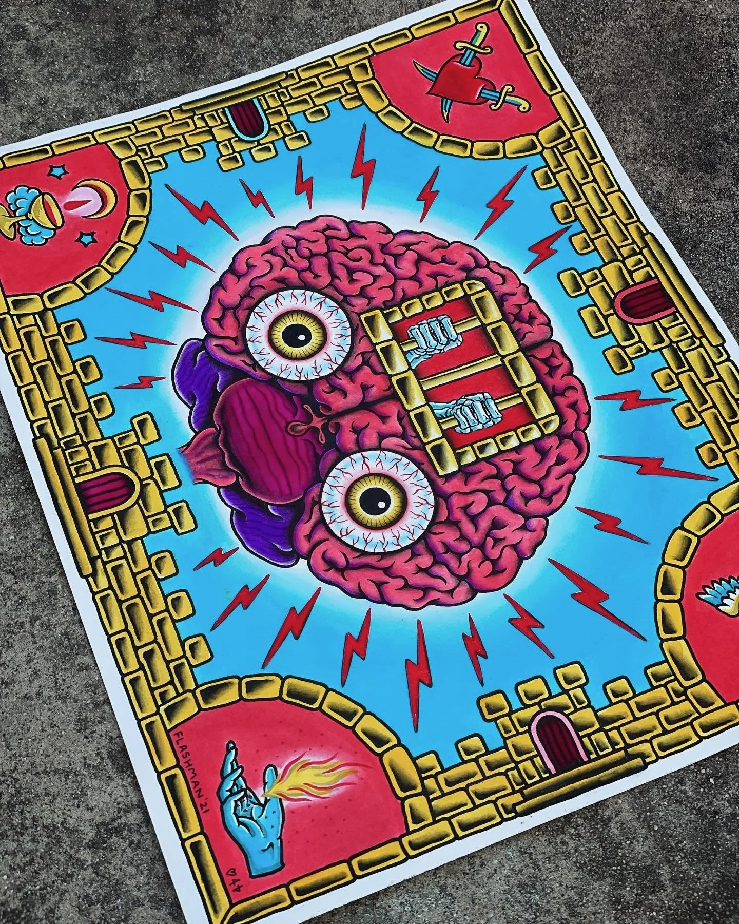 A colorful graffiti-style artwork with a large pink brain at the center, featuring two eyes, one with a black pupil inside the brain and the other with a closed eyelid, surrounded by red lightning bolts and blue background. There is a yellow brick wa