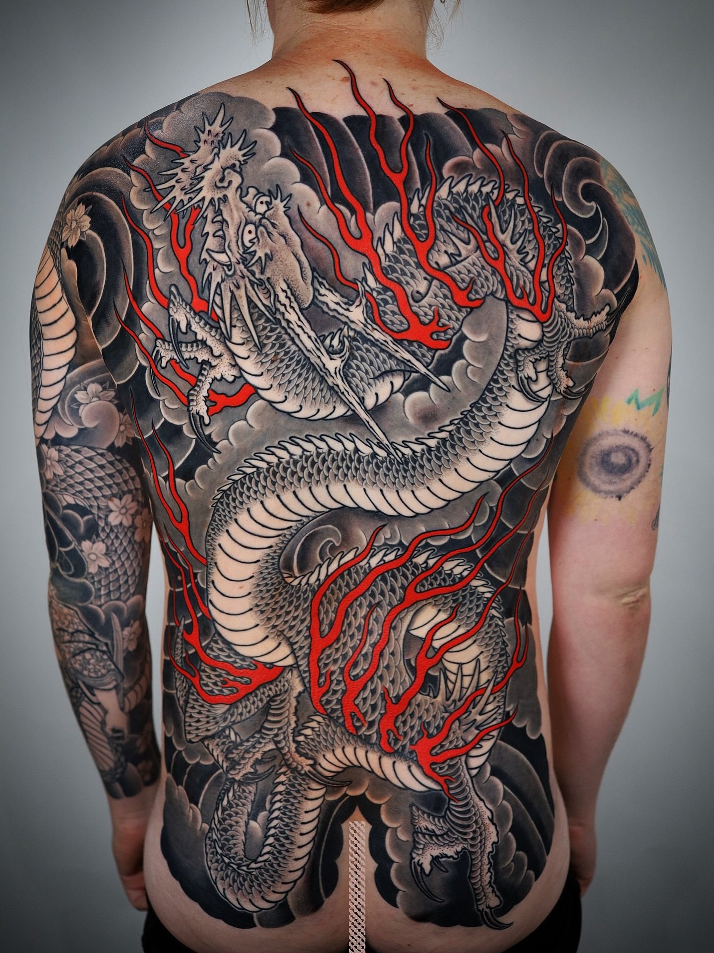 Flaming dragon back piece for Sandra, who is an absolute bad ass and model client!! 

Still have a few spots left in December. Let&rsquo;s make some epic tattoos to finish this year strong and start off 2026 right 👍 

EMAIL FOR APPOINTMENTS