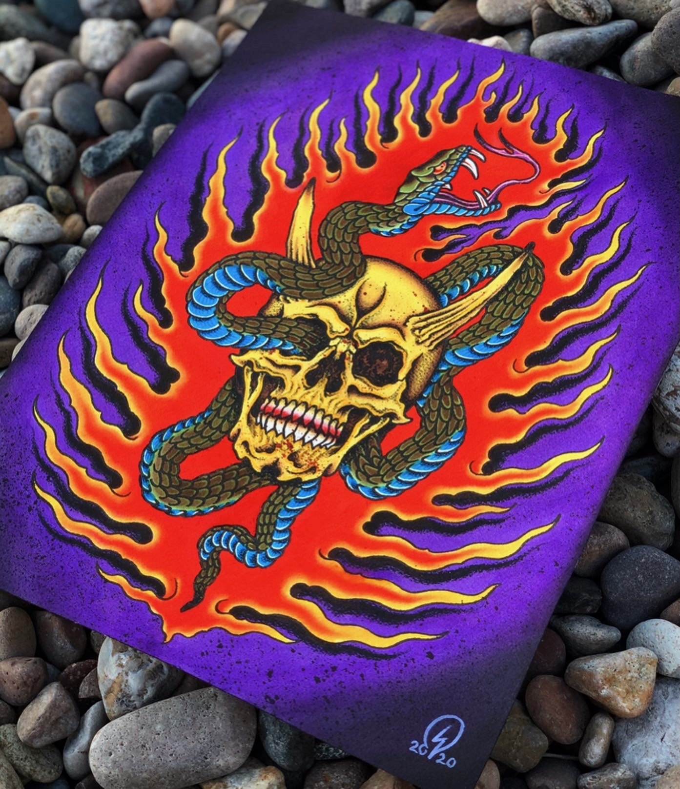 A painting of a human skull with snakes wrapped around it, surrounded by flames on a purple background.