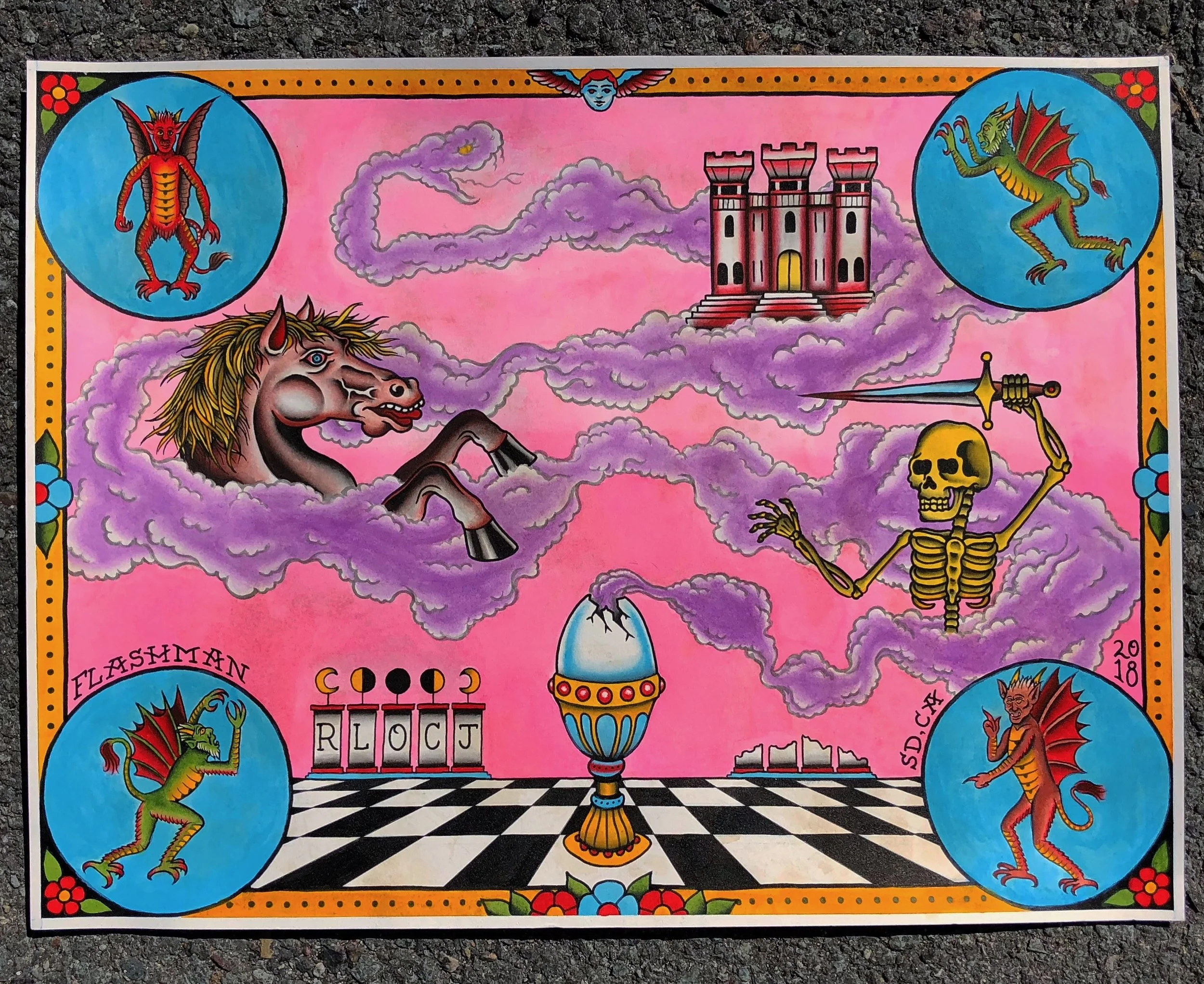 A colorful illustration with fantasy elements, including a gray horse with a golden mane, a castle in clouds, a skeleton holding a sword, a chessboard pattern with a chalice, and four circular portraits of mythical dragons and a devil, set against a 