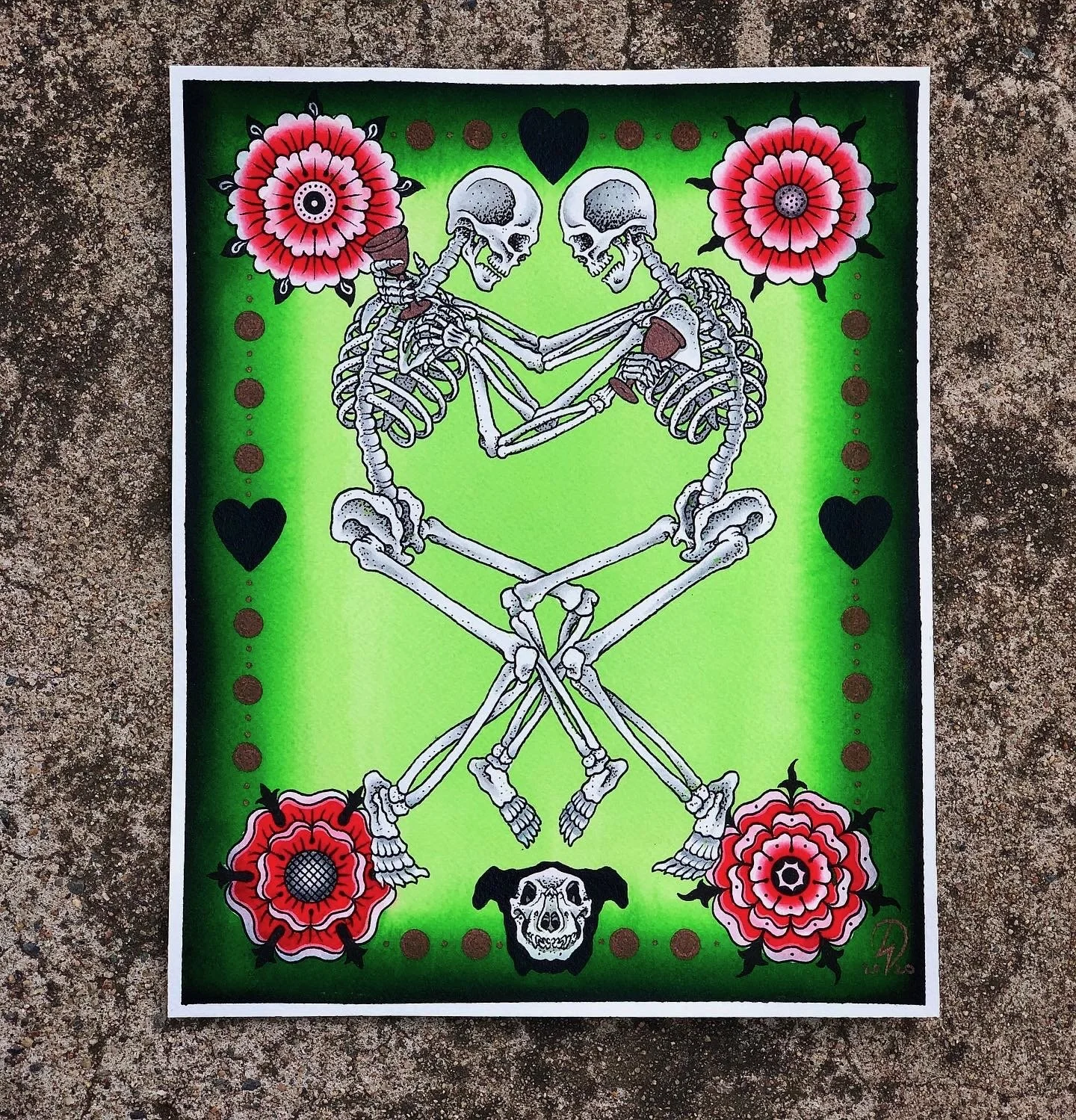 Art print of two skeletons embracing, holding glasses, surrounded by colorful flowers and black hearts on a green background.