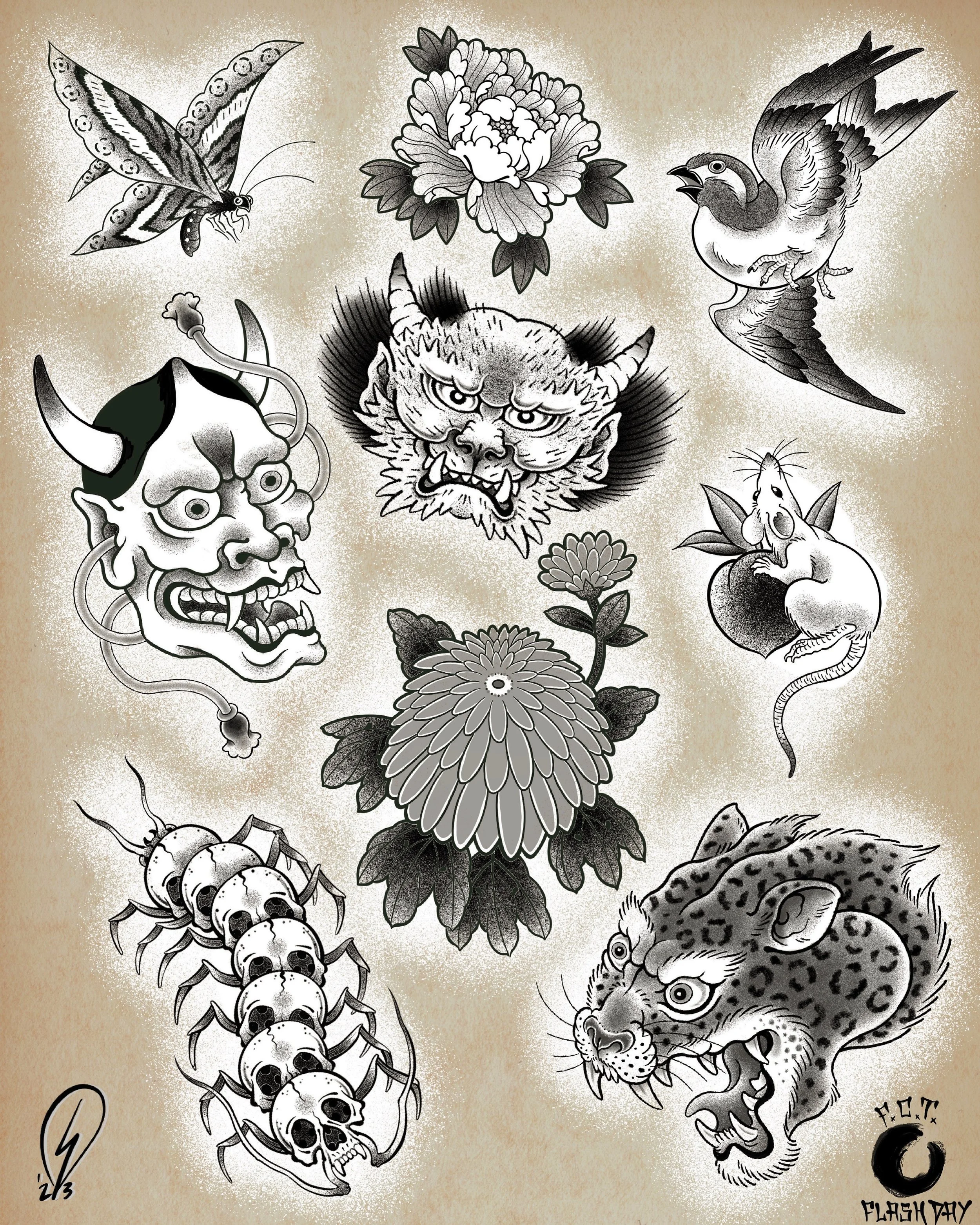 Black and white traditional tattoo-style illustration featuring a butterfly, a flower, a bird, a demon mask, a fierce cat face, a mouse, a row of skulls on a scorpion, and a snarling leopard.