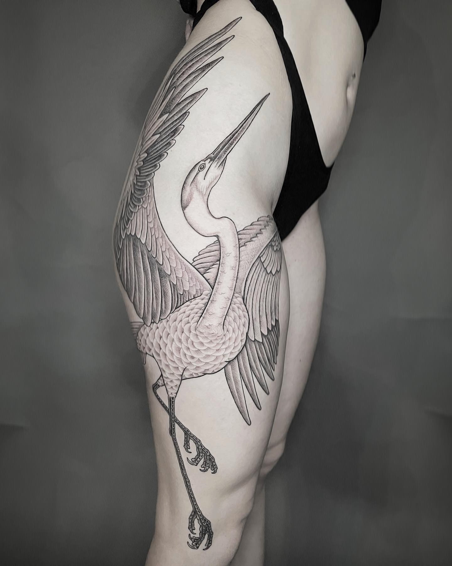 A detailed black and grey tattoo of a heron on a person's thigh.