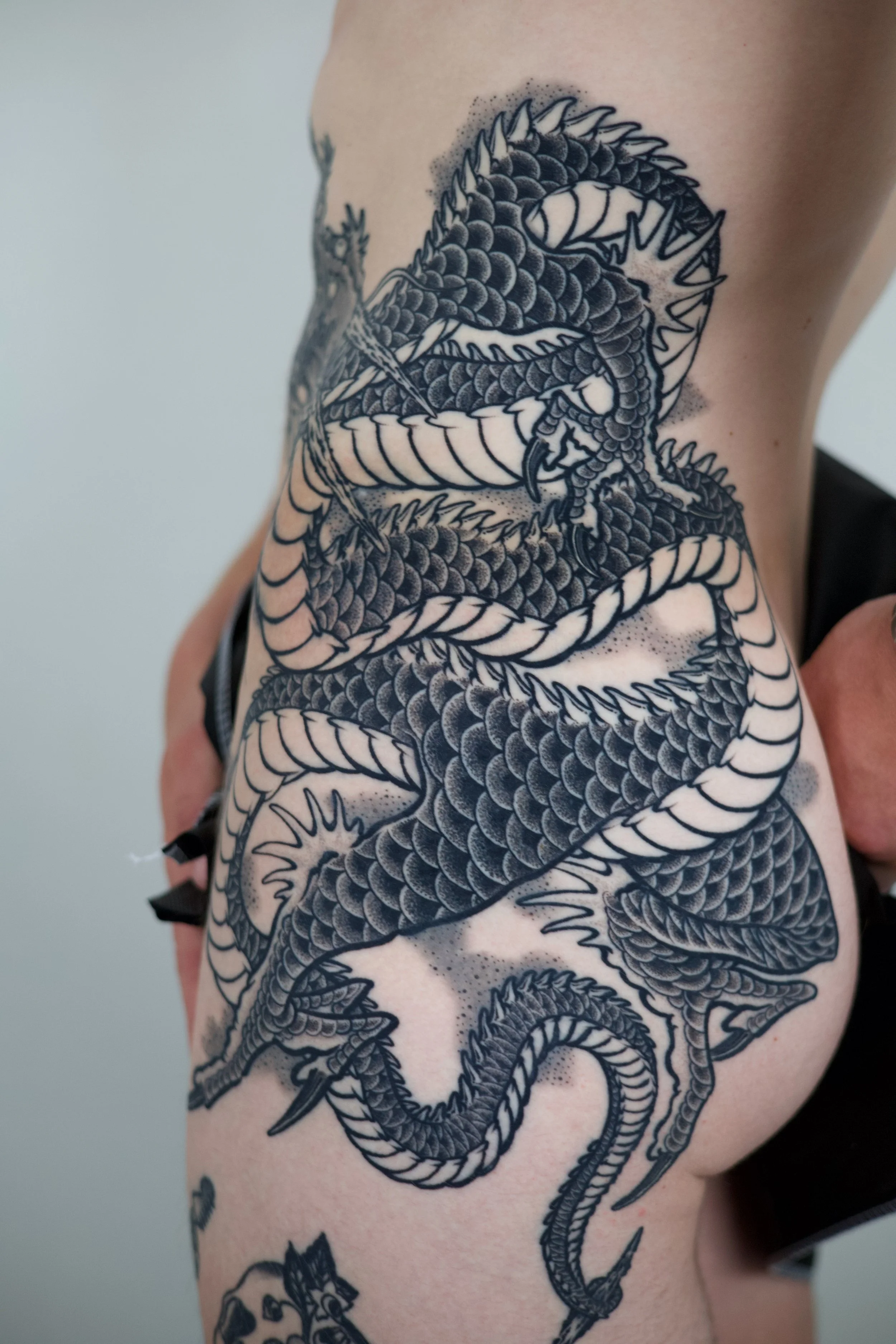 A detailed black and gray tattoo of a snake with intricate scales and patterns, coiled around the person's side and hip.