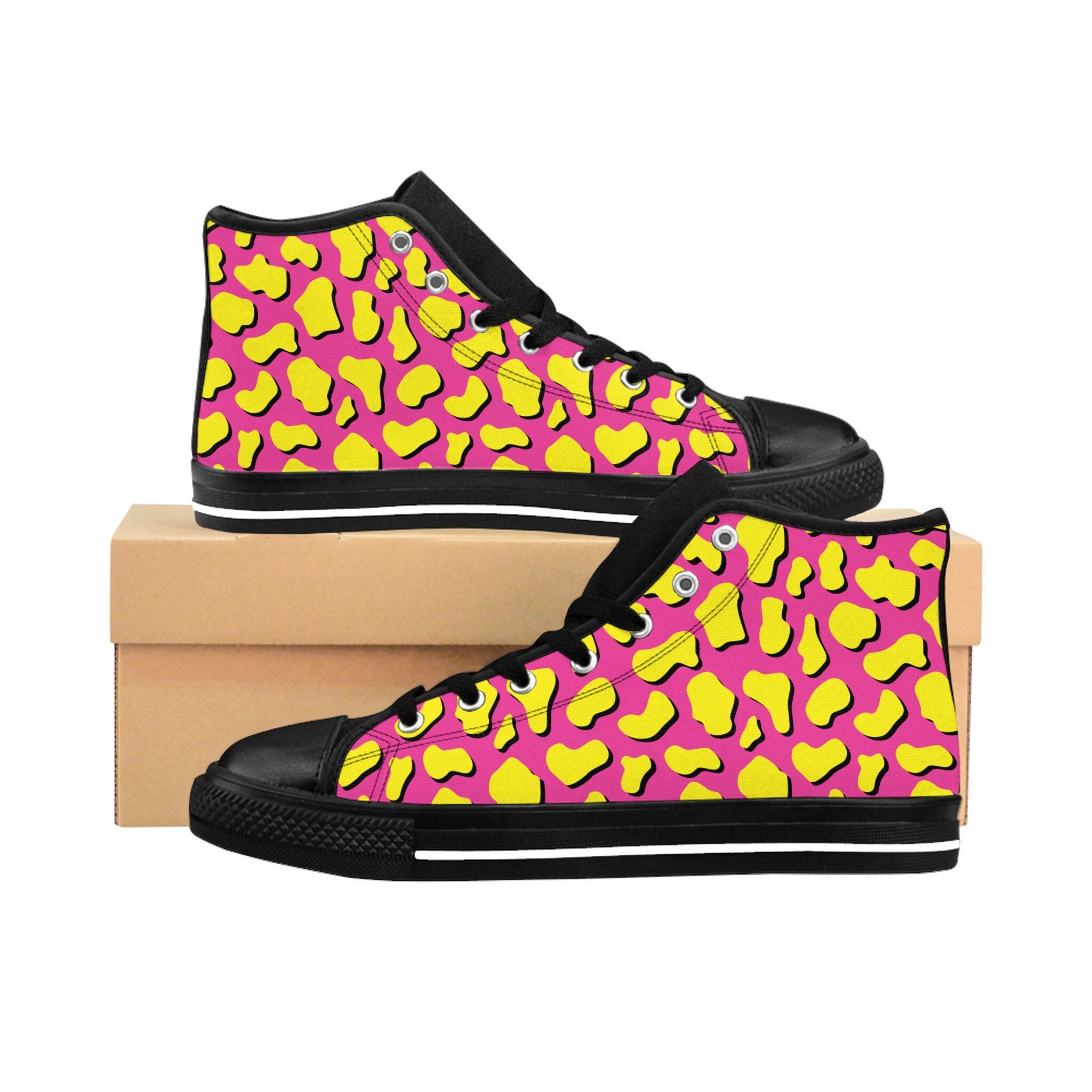 Women's High-top Sneakers - Neon Pink & Yellow Print - I Love the 80's | Eighties Themed Party Outfit Idea