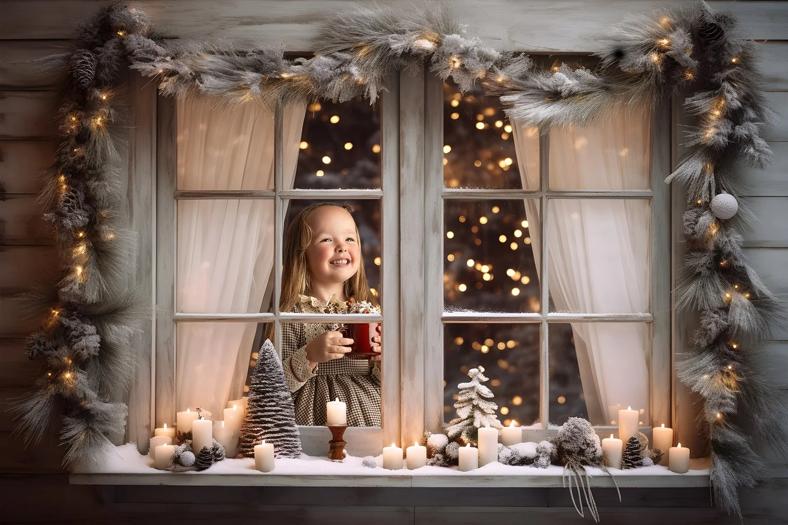 Leeds Christmas Mini Sessions: pretty little girl in a vintage dress looking out through a window decorated for Christmas, during her Christmas photoshoot in Leeds