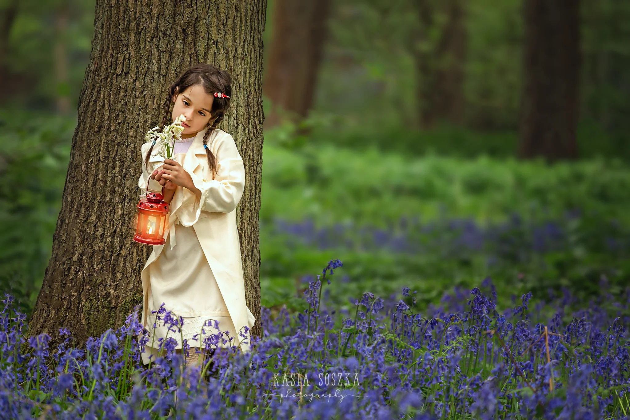 Yorkshire children photography: little girl holding bluebells and a red lantern in a bluebell forest