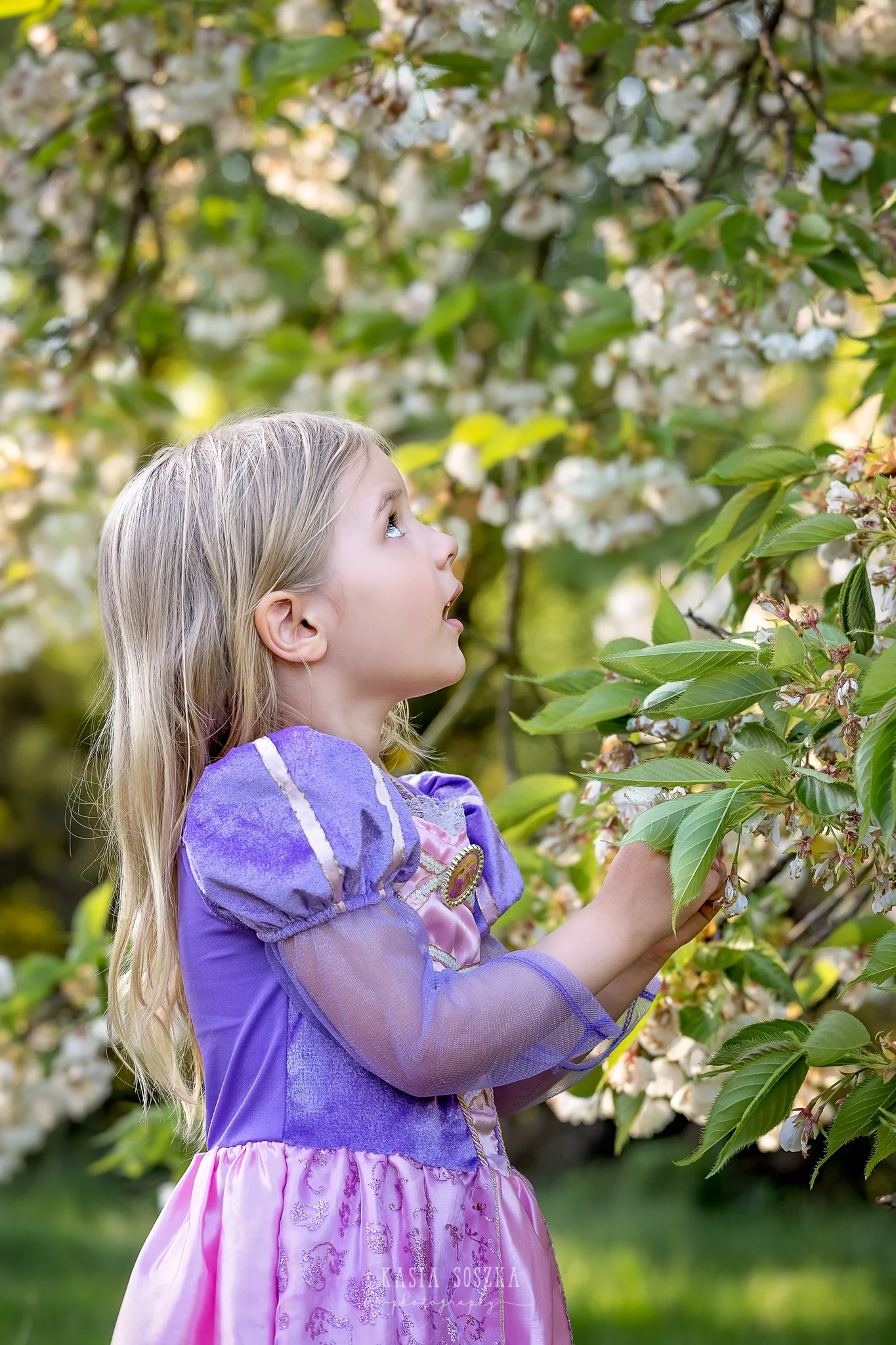 Leeds child photography Bradford child session York children photography: pretty little blond girl in a princess dress looking at blossoming apple tree