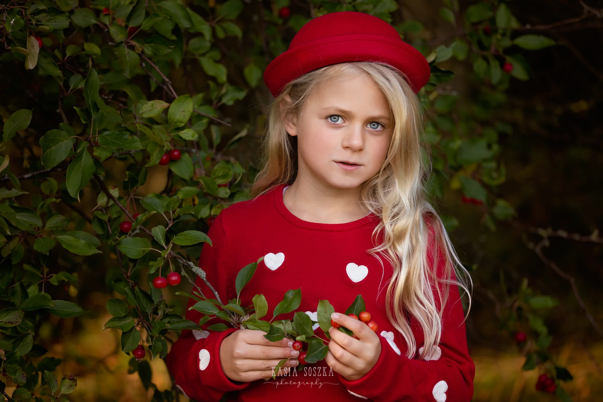 Child photography, child photographer Leeds, York, Bradford, Harrogate: pretty blond girl in red holding a berry tree branch
