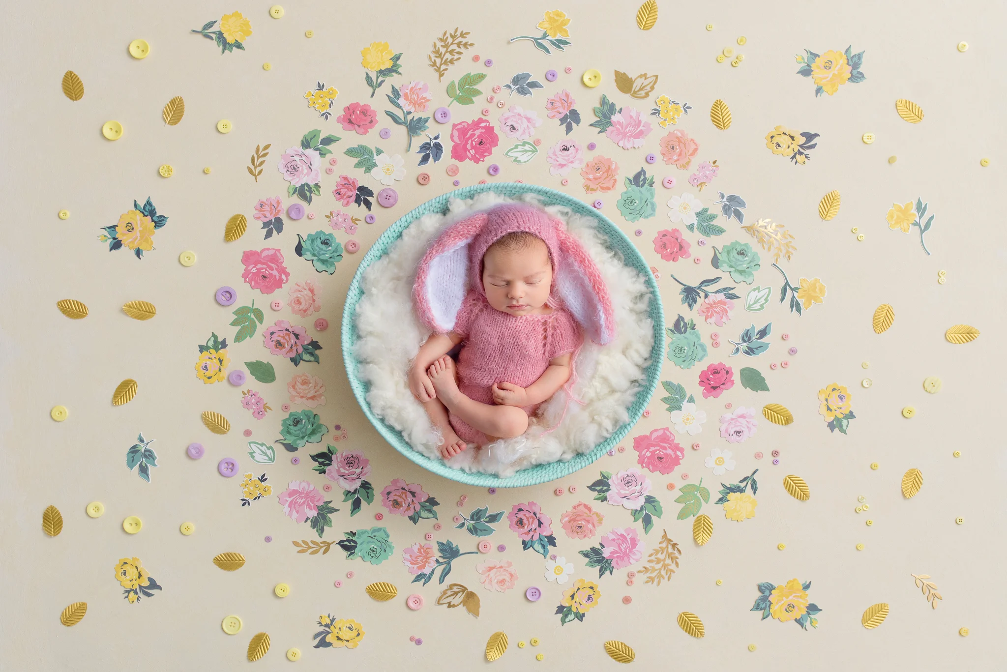 Newborn photography Leeds-York-Harrogate-Wakefield-Bradford: newborn baby girl in pink bunny outfit