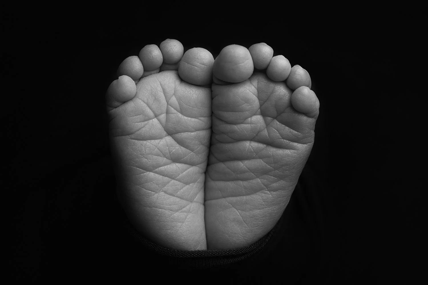 Black and white close up photo of newborn baby feet