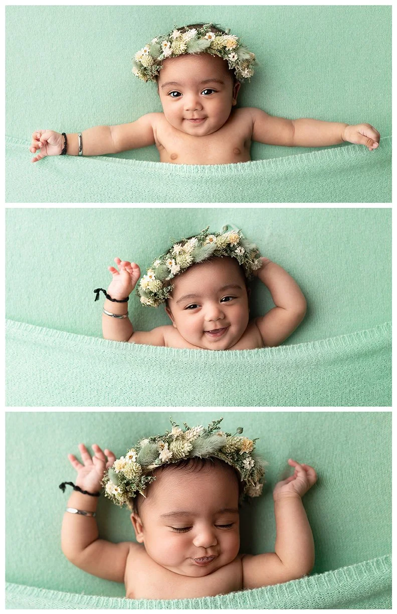 Baby wearing a floral crown lying on a green blanket in three different poses.