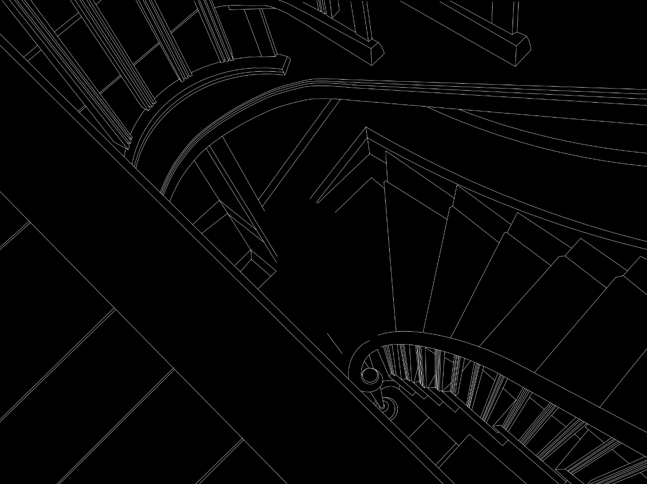 A white line drawing on a black background view of a winding staircase from the top looking down.