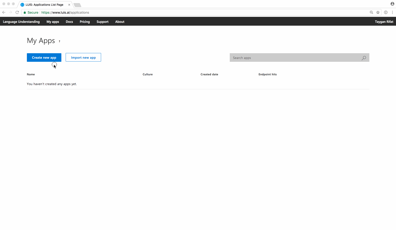 click "Create new app" > populate form (Name, culture, description) > CLICK "Done"