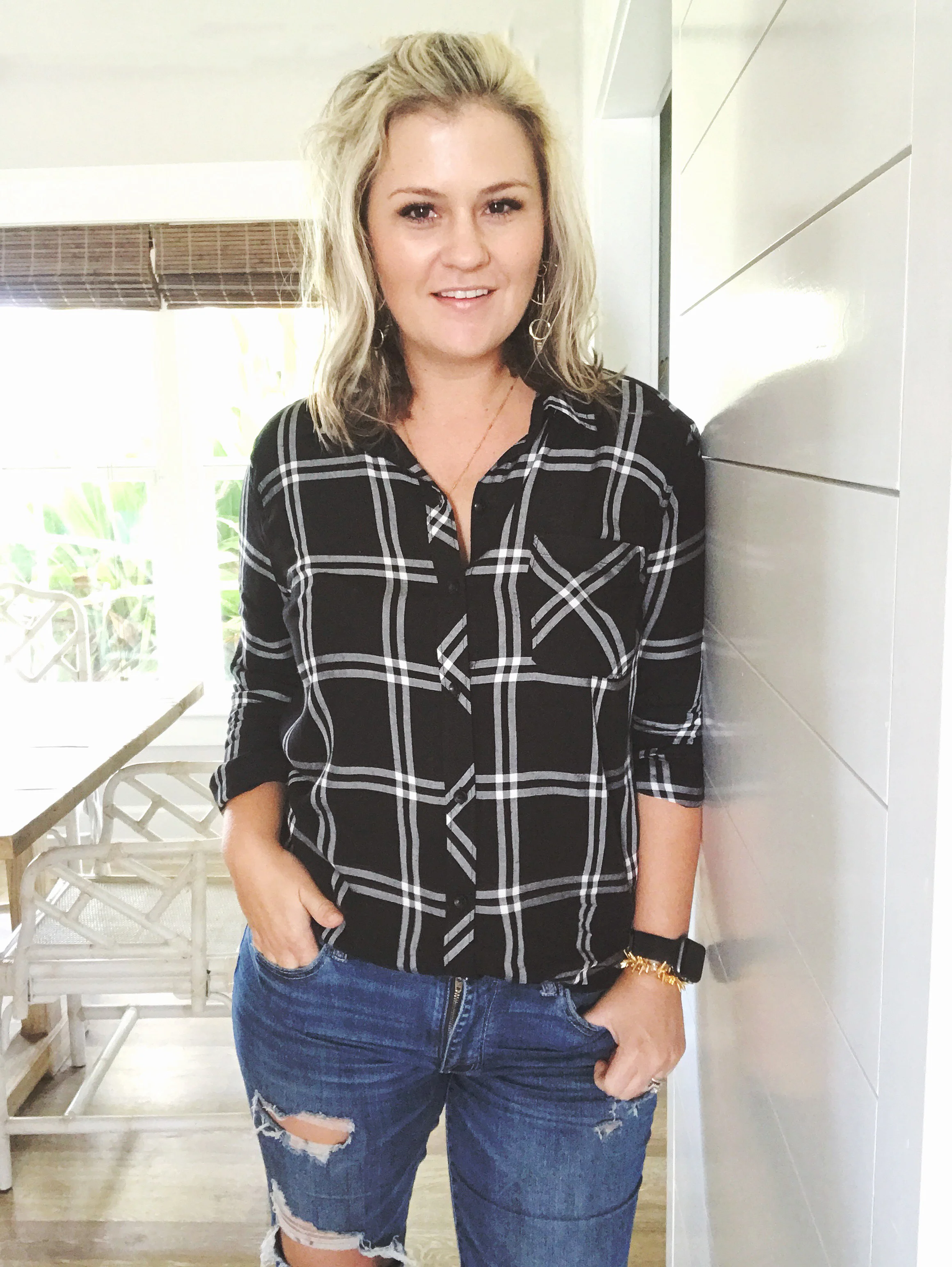 plaid and denim outfit
