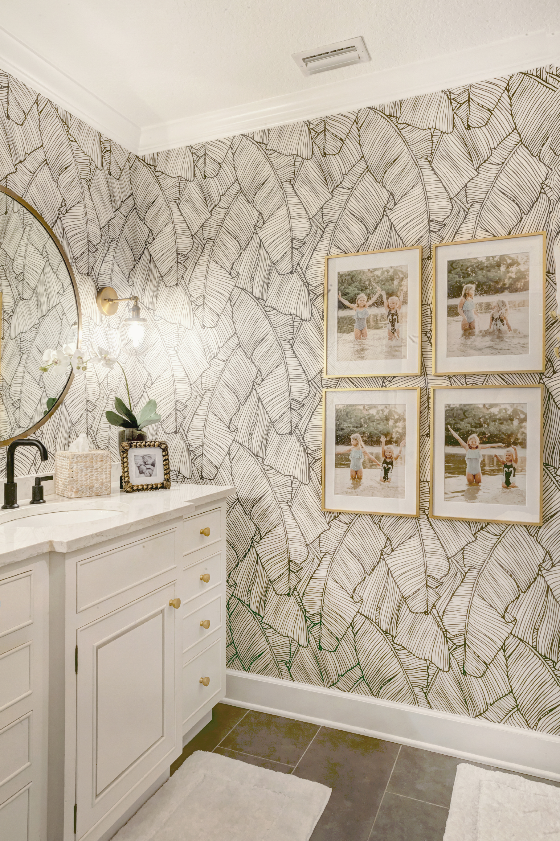 Powder Room with Palm Leaf Wallpaper - Contemporary - Bathroom