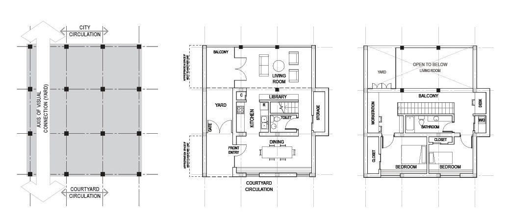 PLANS (L-R) Grid Diagram, Level One of Double Unit, Level Two of Double Unit