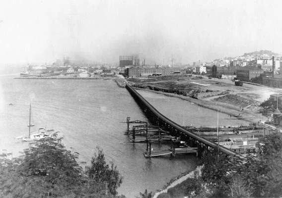 View of Aquatic Park from Black Point with The State Belt Railroad crossing the cove in the 1930’s.