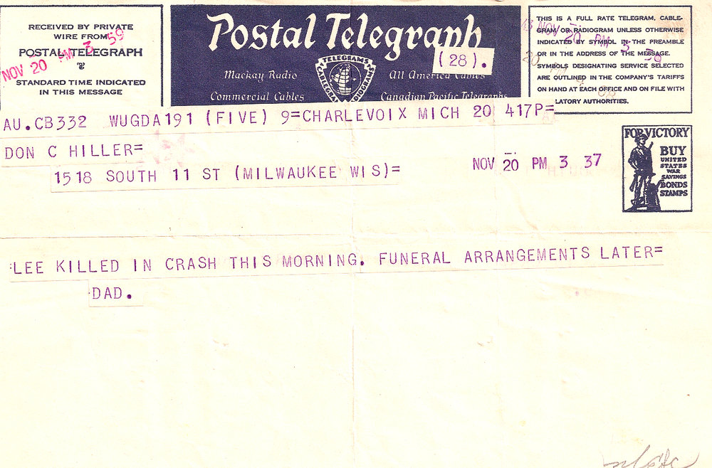 Telegram sent to Don by his father on the day Lee died.