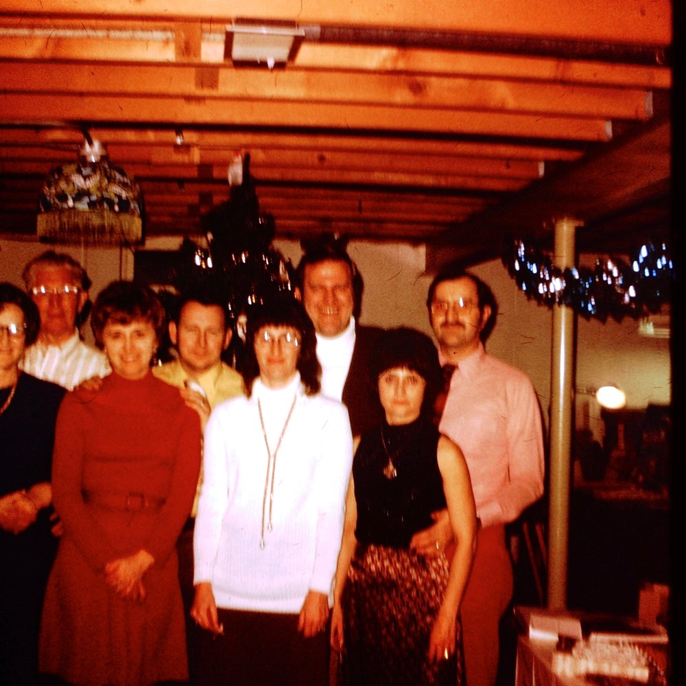Christmas 1973 at my Uncle Don's house: Grandma and Grandpa Hiller, Mom and Dad, Auntie MaryAnne and Uncle Bob, Auntie Paula and Uncle Don.