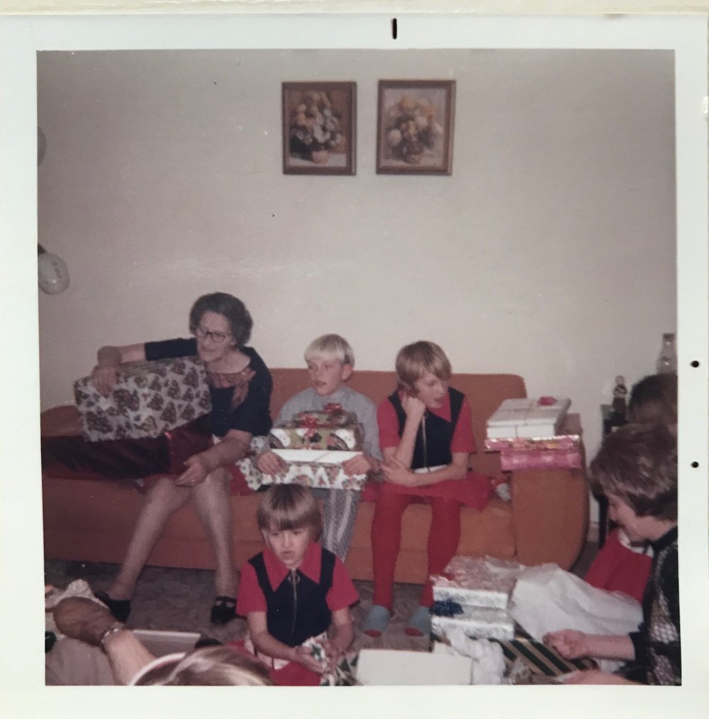 Grandma Hiller, cousin Bobby, Me and sister Lori.