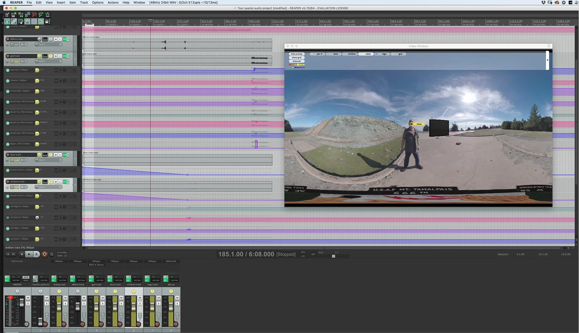 You can see the yellow puck (labeled "voice") for the dialog track over my face in the equirectangular video viewport, and each of the six other tracks at the bottom of the screen, along with the video track and the reverb track.