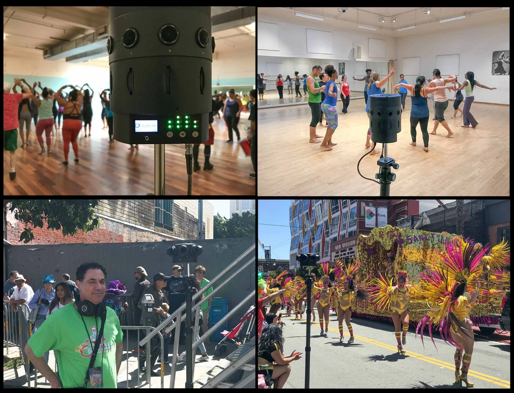 The prototype V1 at the Mission Cultural Center with Fogo na Roupa (upper left) and at Dance Mission Theater (at Tania Santiago’s class, upper right). Below left is David Lawrence running location sound at the Grand Parade on Mission Street and the Fogo na Roupa company in the lenses of the V1 Pro. Go Fogo!