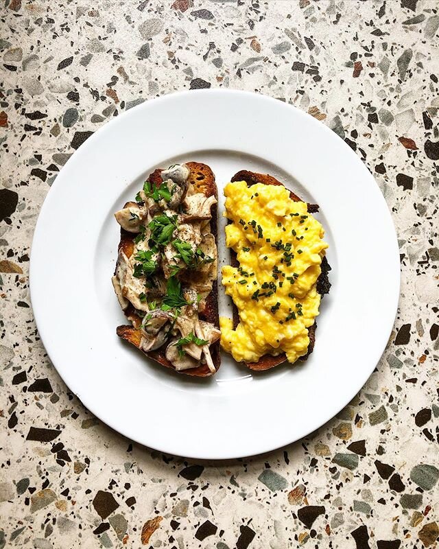 Lunch for one but really enjoyed putting the effort in for myself today. Scrambled eggs + garlic and thyme mushrooms with a bit of Cr&egrave;me fra&icirc;che for a lighter touch, over buttered sourdough toast. Fresh herbs are amazing and worth the ex