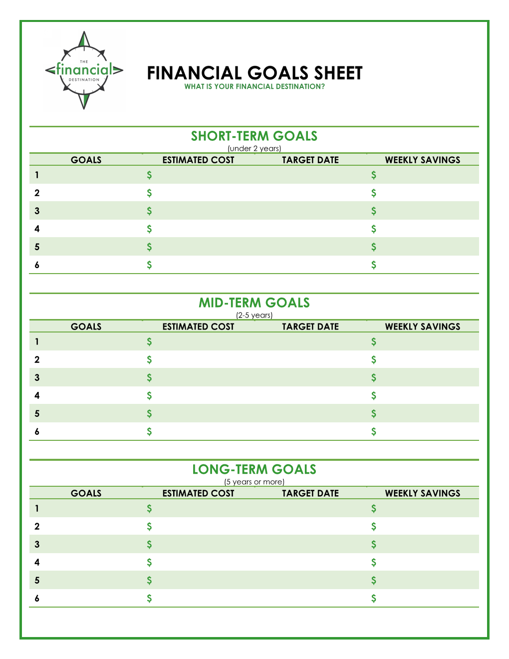 Financial Goals Sheet