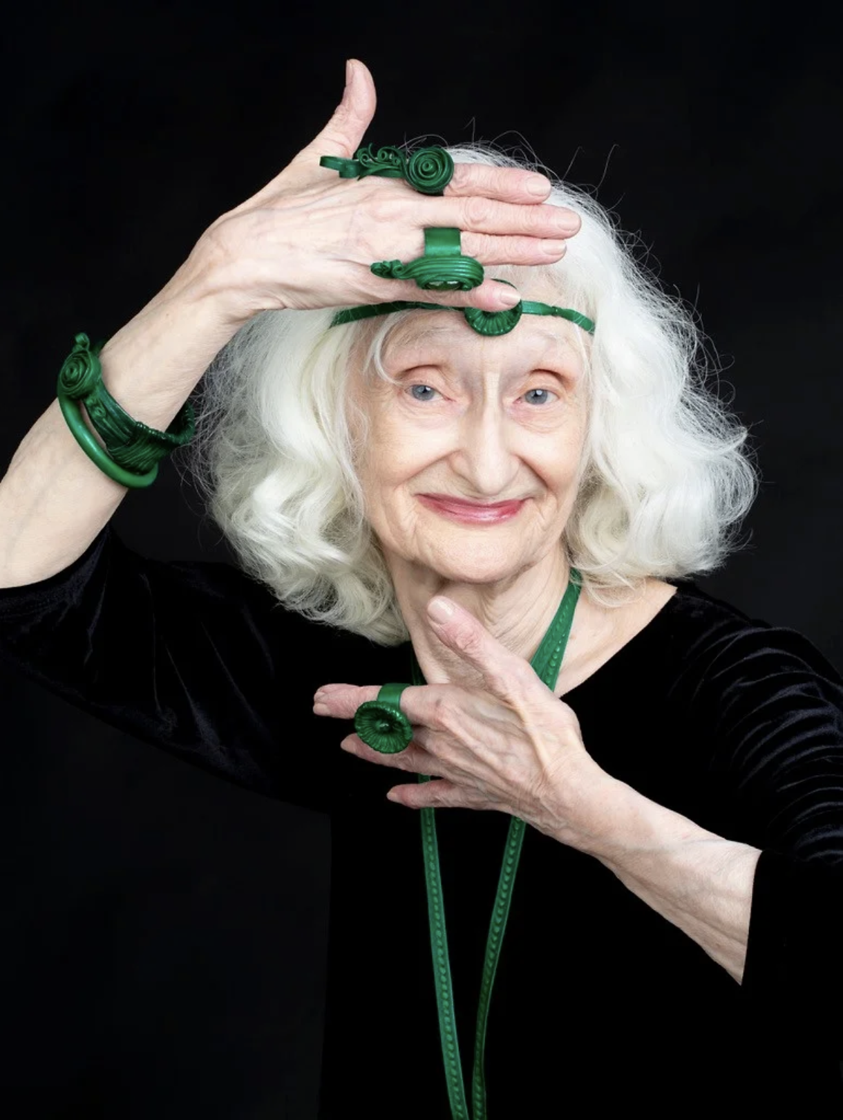 The artist wearing her leather jewelry  from 1980 