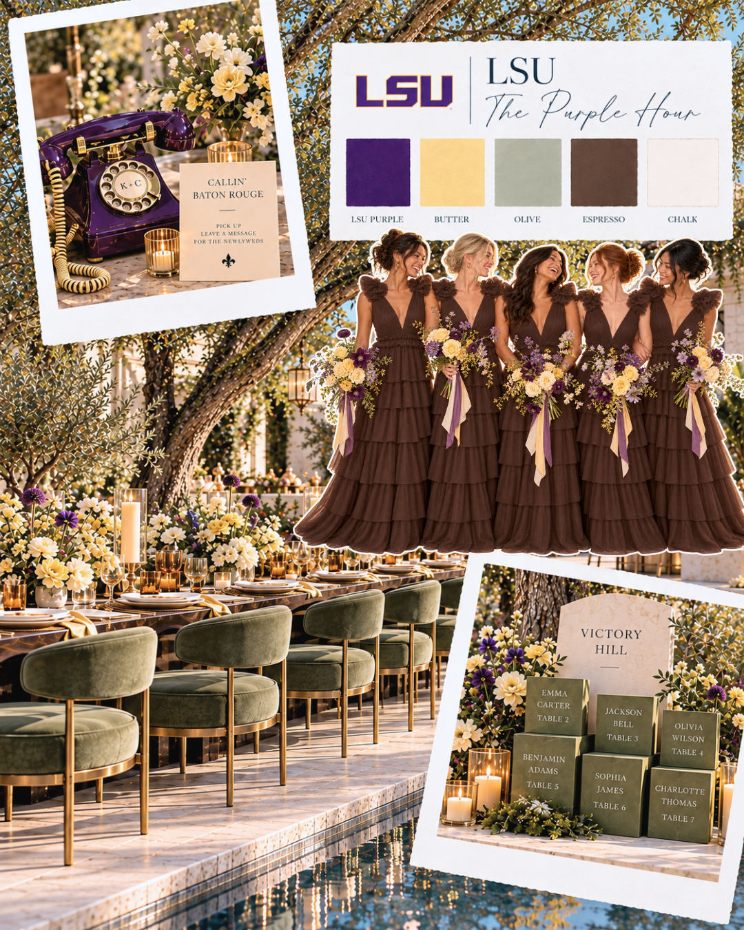 LSU Purple Hour wedding moodboard with espresso tiered bridesmaid dresses, purple and butter yellow flowers, olive seating, and a purple audio guestbook telephone.