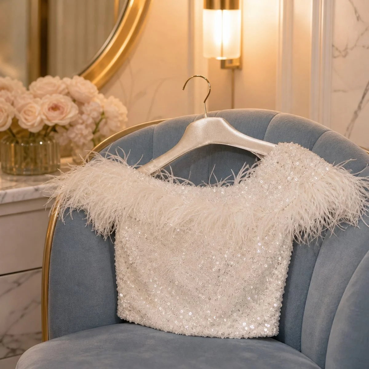 White feather-trim sequin top