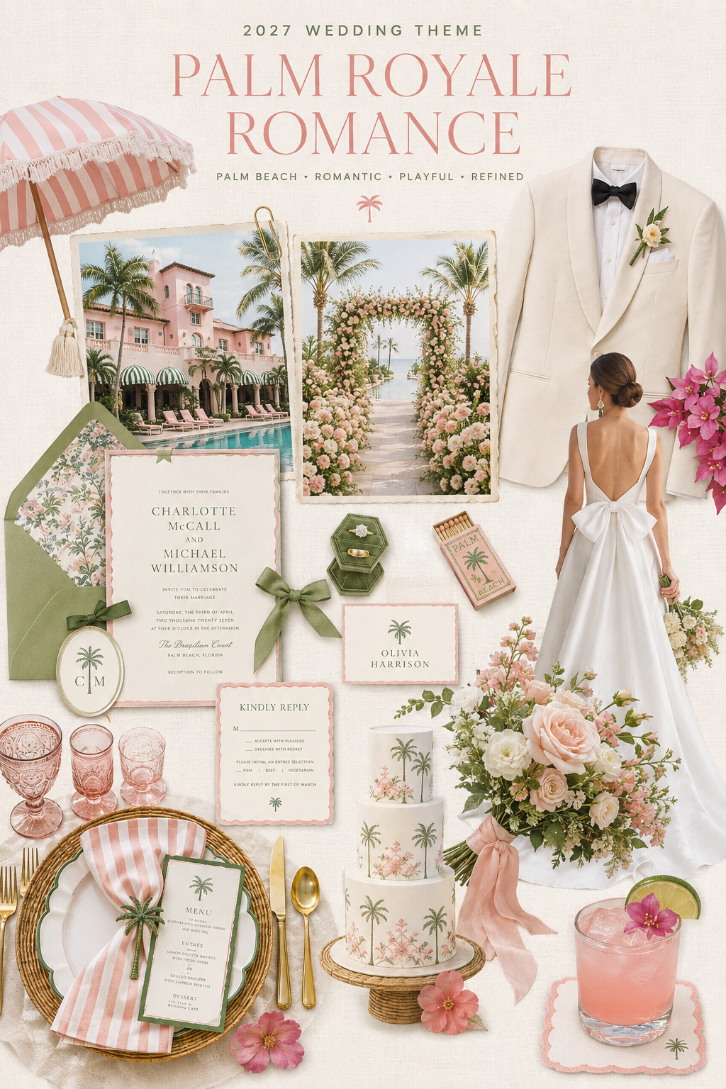 Palm Royale Romance 2027 wedding theme mood board with a Palm Beach resort venue, bridal fashion, flowers, stationery, cake and tablescape Palm Royale Romance 2027 wedding theme mood board with a Palm Beach resort venue, bridal fashion, flowers, stationery, cake and tablescape