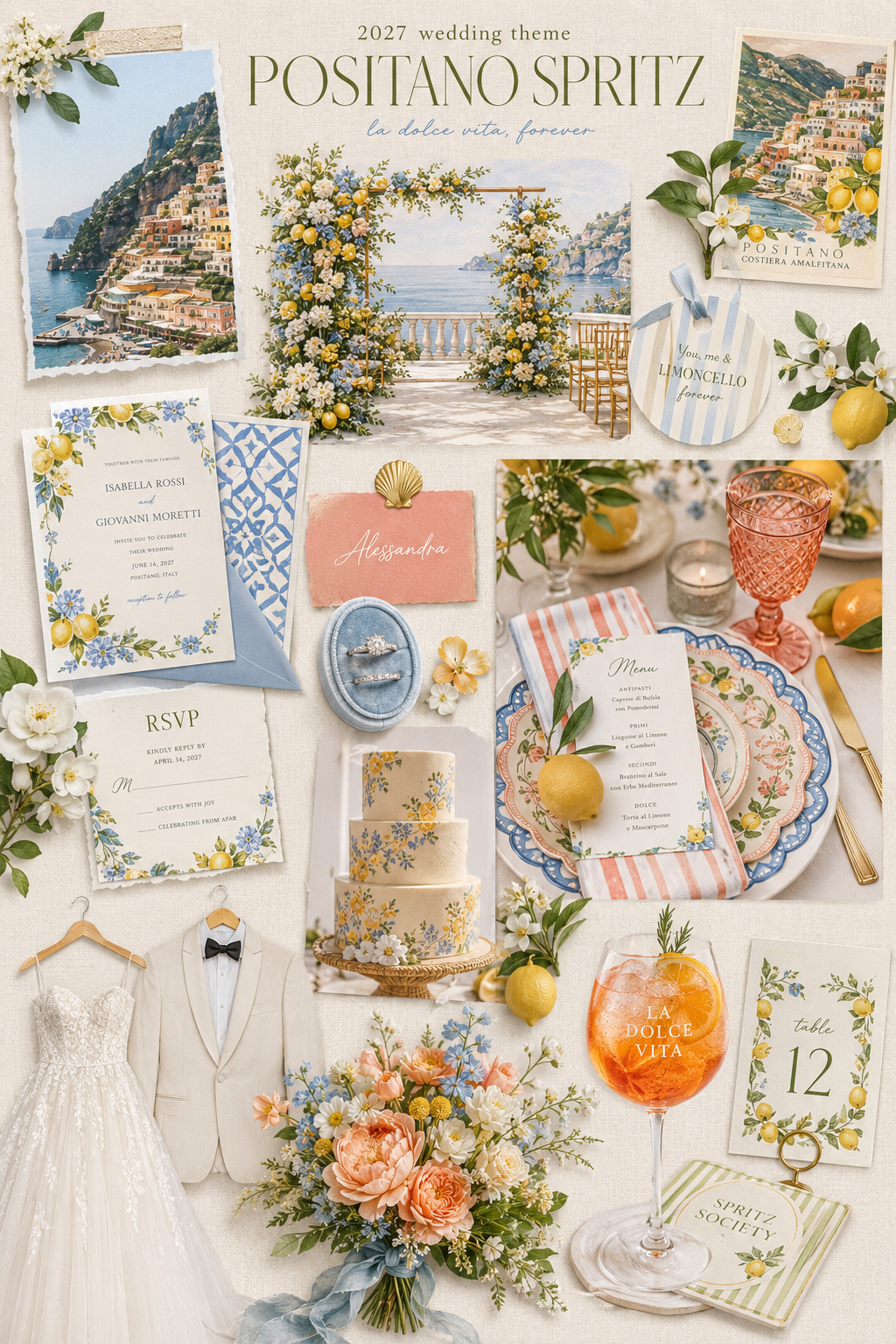 Positano Spritz 2027 wedding theme mood board with an Amalfi Coast venue, lemon florals, wedding attire, stationery, cake and tablescape Positano Spritz 2027 wedding theme mood board with an Amalfi Coast venue, lemon florals, wedding attire, stationery, cake and tablescape
