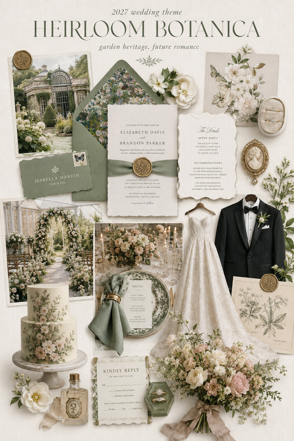 Heirloom Botanica 2027 wedding theme mood board with a garden venue, heirloom details, wedding fashion, flowers, stationery, cake and tablescape Heirloom Botanica 2027 wedding theme mood board with a garden venue, heirloom details, wedding fashion, flowers, stationery, cake and tablescape