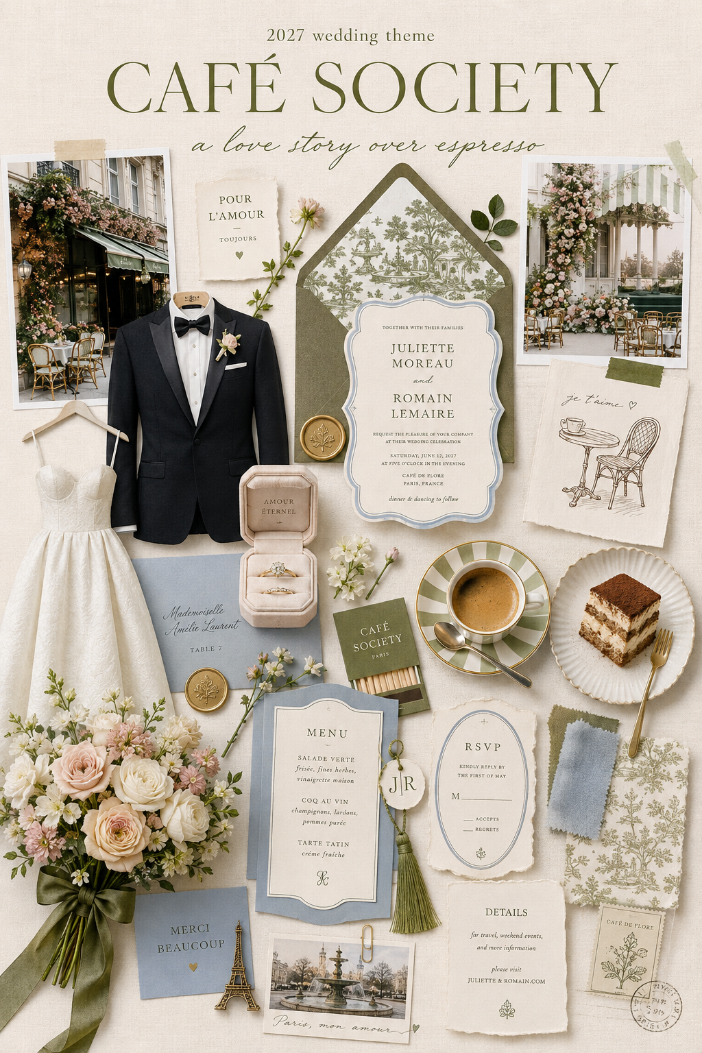 Café Society 2027 wedding theme mood board with a Parisian café venue, wedding fashion, flowers, stationery, cake and tablescape Café Society 2027 wedding theme mood board with a Parisian café venue, wedding fashion, flowers, stationery, cake and tablescape