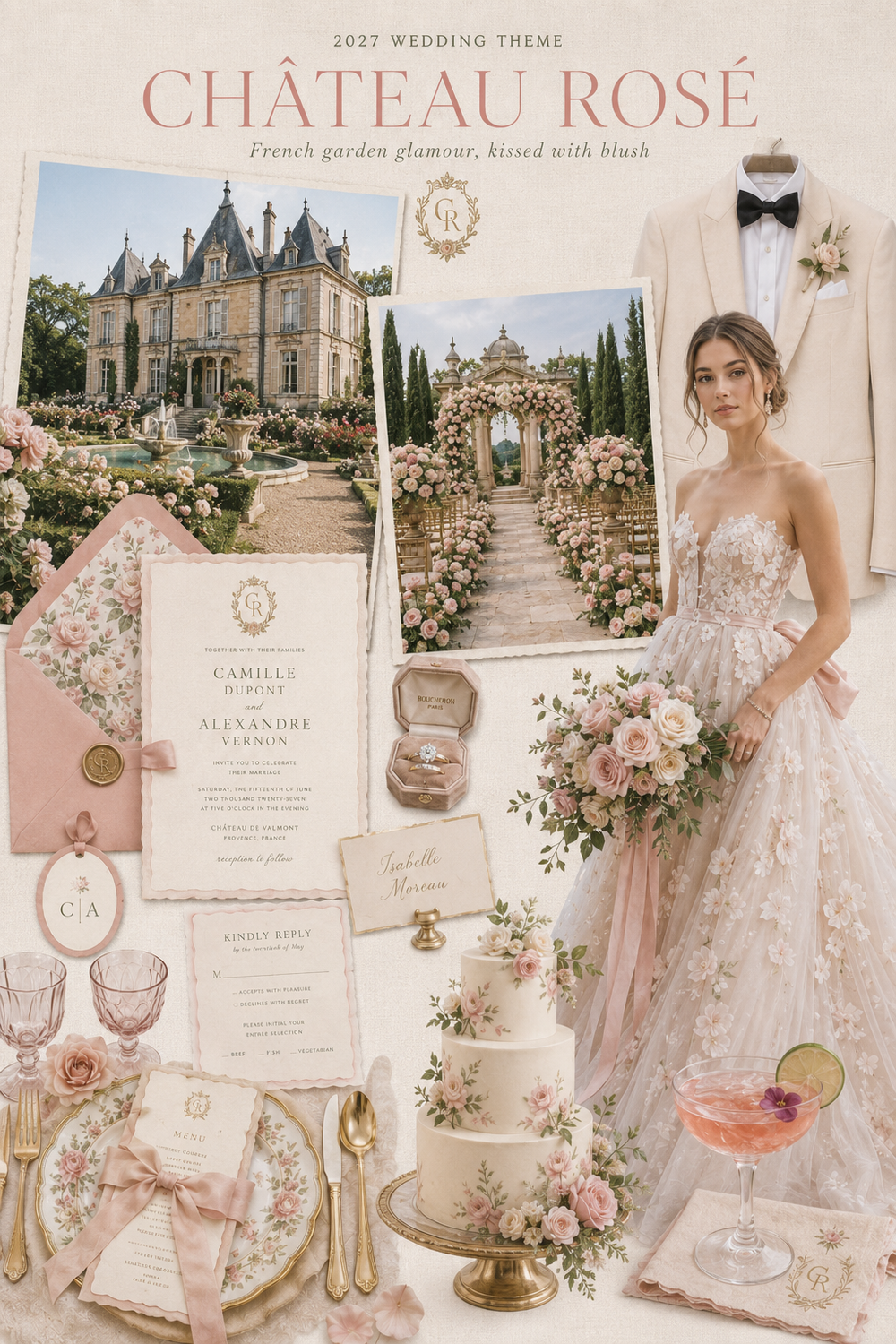 Editorial inspiration featuring a chateau and rose garden wedding